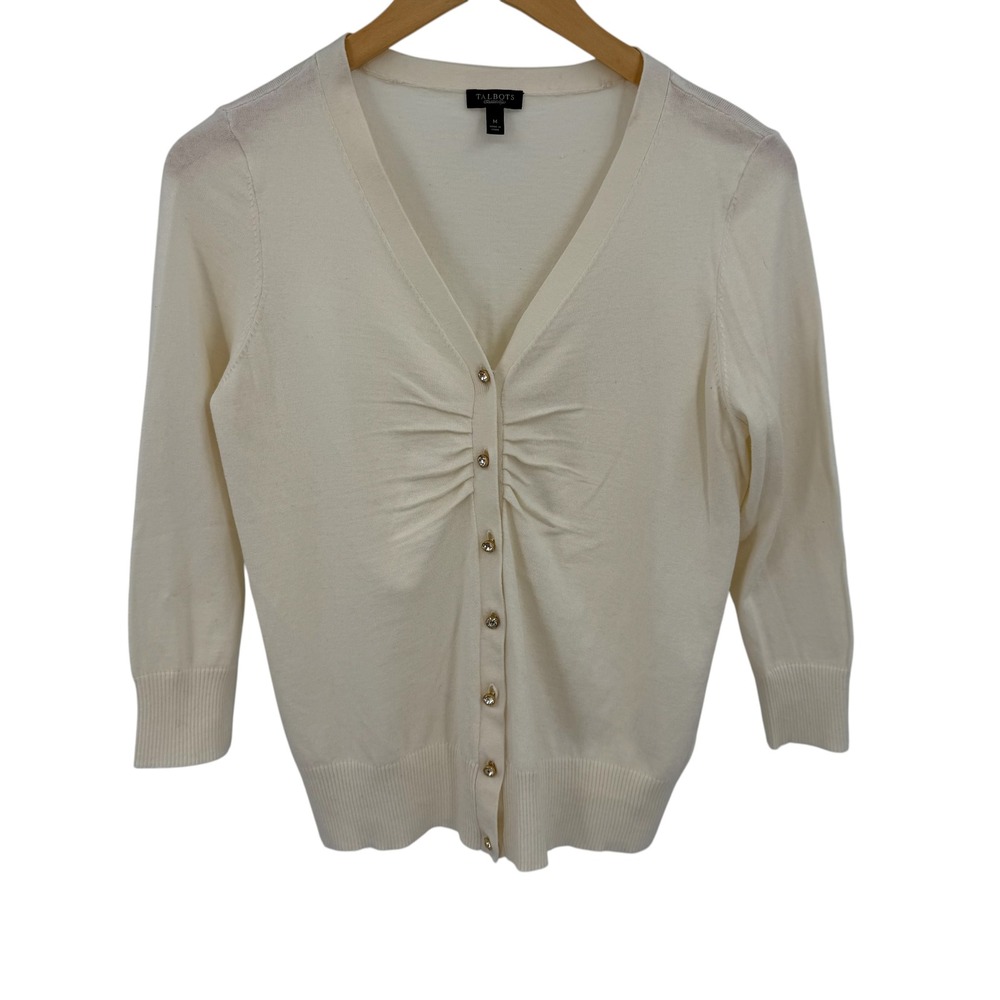 Talbots Cardigan Med. Ivory Ruched Rhinestone Button Cotton Wool Neutral Preppy
